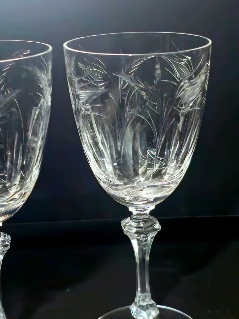 2 Tiffin Franciscan Moss Ross Water Goblets Etched Crystal Wine Glasses rare 60s